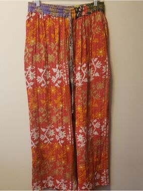 NWT Redish Coral Floral Wide-Leg Pull-On Kantha Pants with Elastic Waist